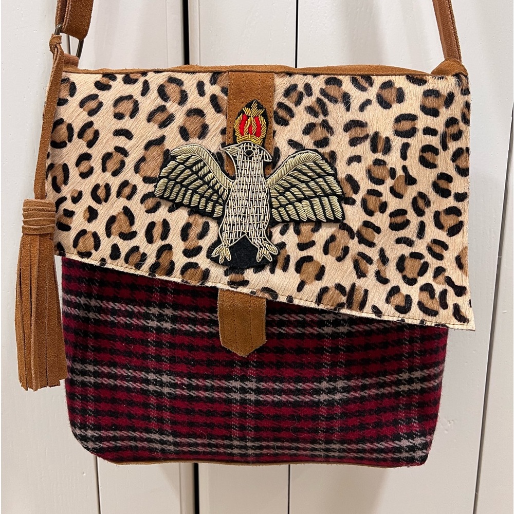 Vtg Panache Cross Body Cowhair Leopard Suede Plaid Beaded Eagle Patch Tassel Bag